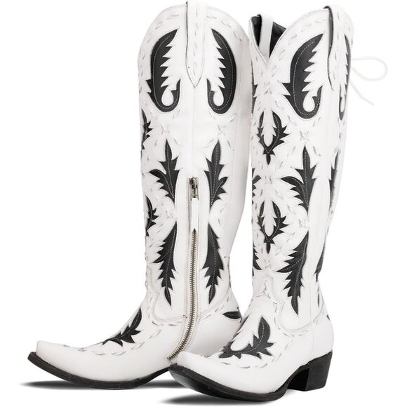 Shoes - Women's White Pointed Toe Zipper Cowgirl Boots Lace up Chunky Heel Western Boots